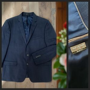 Men's Dark Blue Plaid Classic Suit Blazer Slim Fit